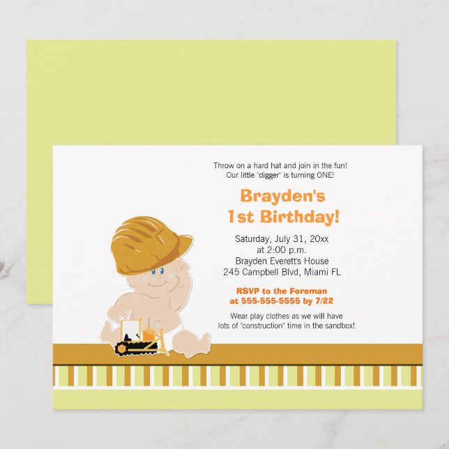 Invitation Construction Baby Custom 1er anniversaire Invitati (Devant / Derrière)