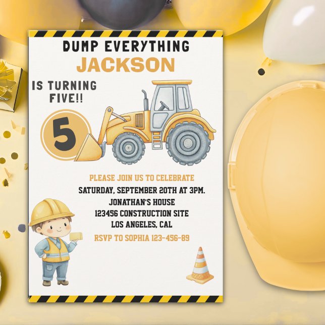 Invitation Construction Birthday 5 | Dump Truck & Excavator (Créateur téléchargé)