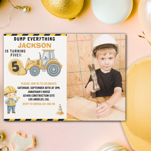 Invitation Construction Birthday 5 with Photo | Dump Truck (Créateur téléchargé)