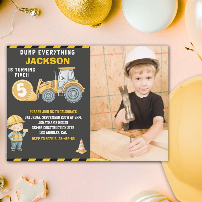 Invitation Construction Birthday 5 with Photo | Dump Truck  (Créateur téléchargé)