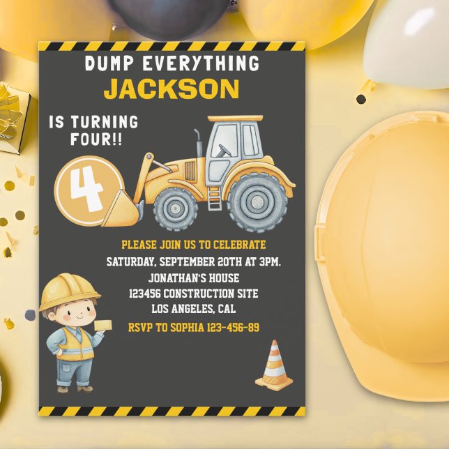 Invitation Construction Birthday  | Dump Truck & Excavator  (Créateur téléchargé)