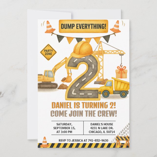 Invitation Construction Birthday Invitation, Dump Truck (Devant)