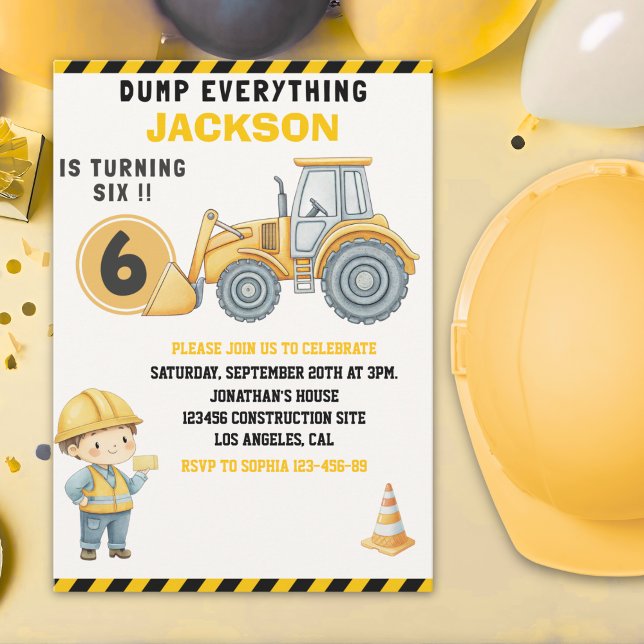 Invitation Construction Birthday Turning Six Boy Yellow (Créateur téléchargé)