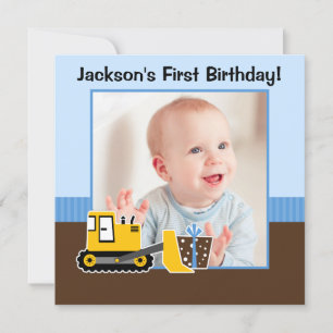 Invitation Construction Blue Brown 1er anniversaire garçon ph