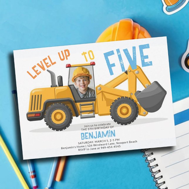 Invitation Construction Bulldozer Level Up Photo 5e anniversa (photo construction invitation 5th birthday five fifth boys bulldozer vehicle theme personalized)
