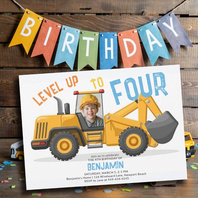 Invitation Construction Bulldozer Niveau haut Photo 4e annive (photo construction invitation 4th birthday four fourth boys bulldozer vehicle theme personalized)
