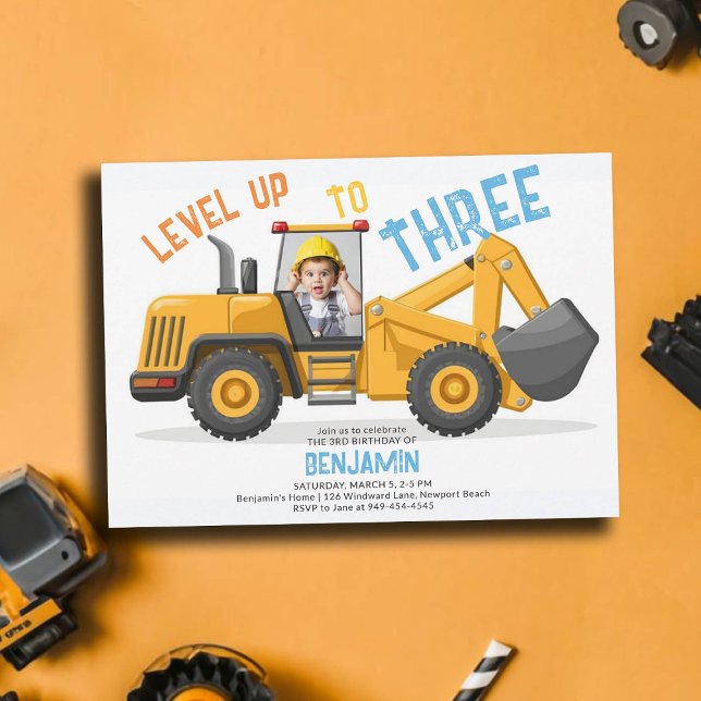 Invitation Construction Bulldozer Niveau supérieur Photo 3e a (photo construction invitation 3rd birthday second boys bulldozer vehicle theme personalized cute fun)