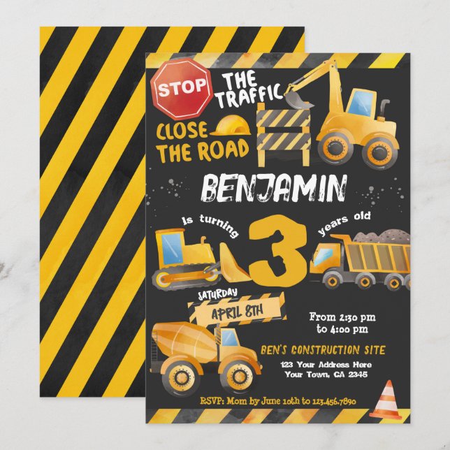 Invitation Construction, Camion de vidange Anniversaire (Devant / Derrière)