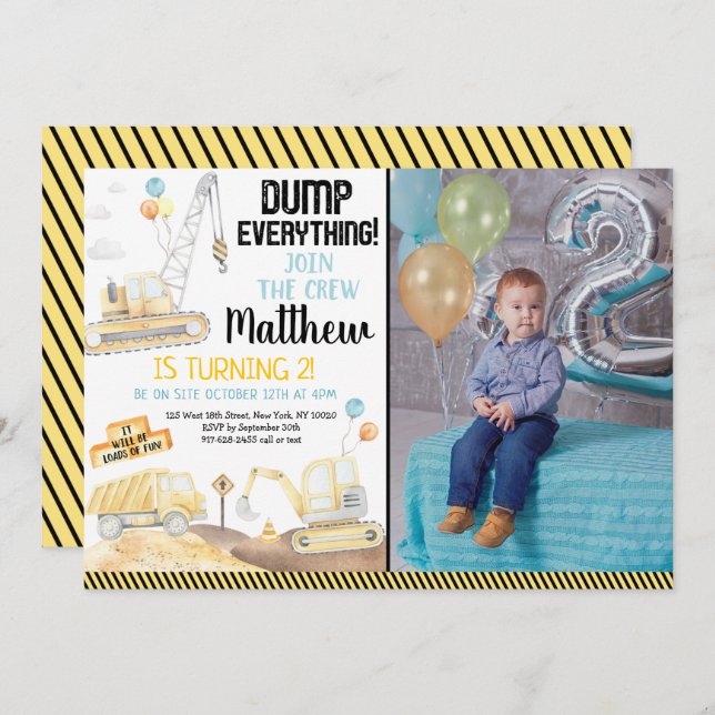 Invitation Construction Camion Digger Deuxième anniversaire (Devant / Derrière)