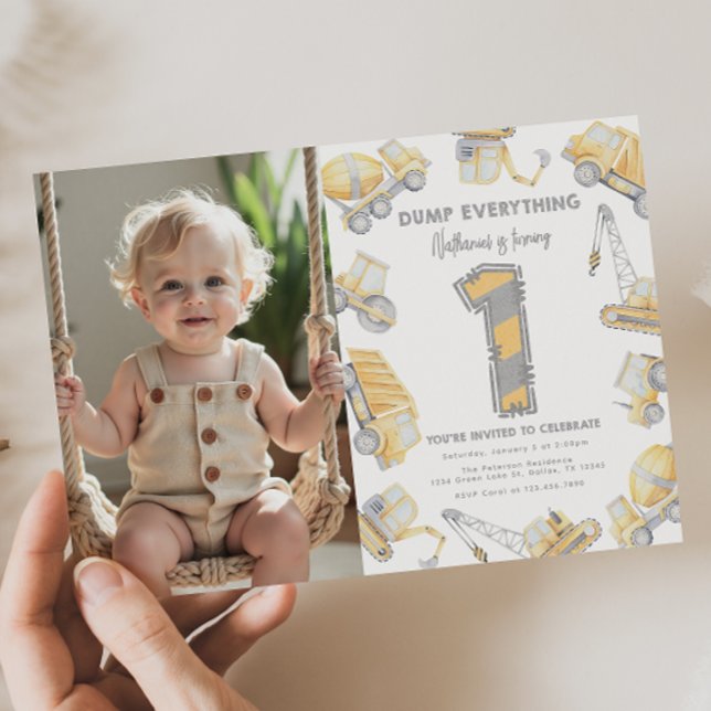 Invitation Construction Camion ONE 1ère fête d'anniversaire (Créateur téléchargé)