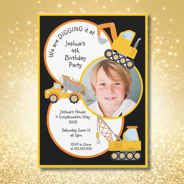Invitation Construction Camions Creuser Ajouter Photo Anniver (Construction Trucks Digging It Add Photo Birthday Invitation)