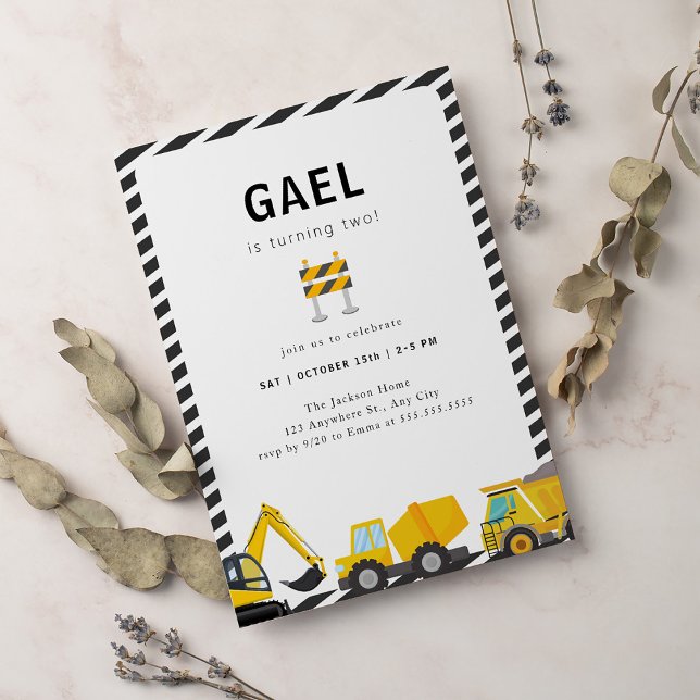 Invitation Construction Camions Simple Anniversaire Fête (Créateur téléchargé)