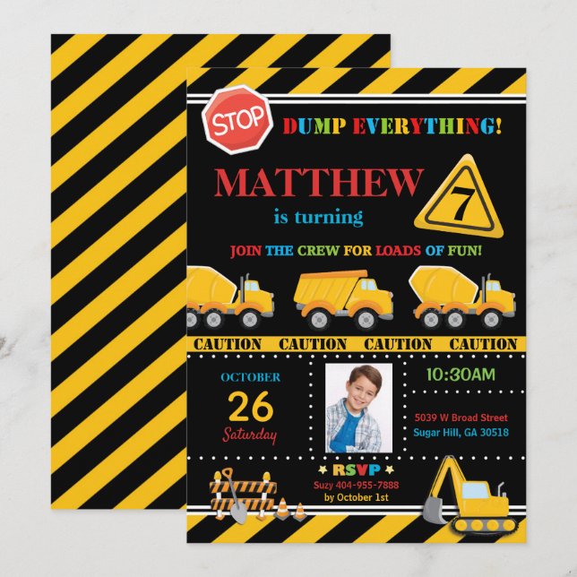 Invitation Construction Chiffres de fête d'anniversaire Truck (Devant / Derrière)