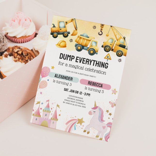 Invitation Construction Commune & Anniversaire de Frère et So (Joint Kids Birthday Party Invitation - Dump Trucks & Unicorns)
