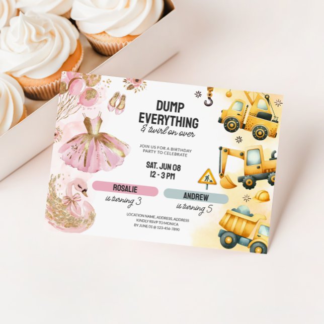 Invitation Construction conjointe et Ballerina Sibling Annive (Joint Boy Girl Birthday Party Invite - Construction & Ballerina)