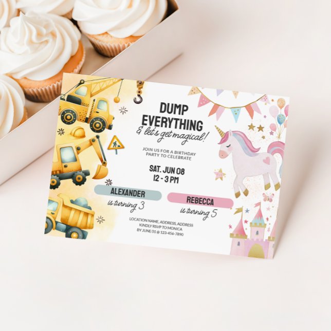 Invitation Construction conjointe et naissance de la soeur de (Joint Construction & Unicorn Birthday Invite)