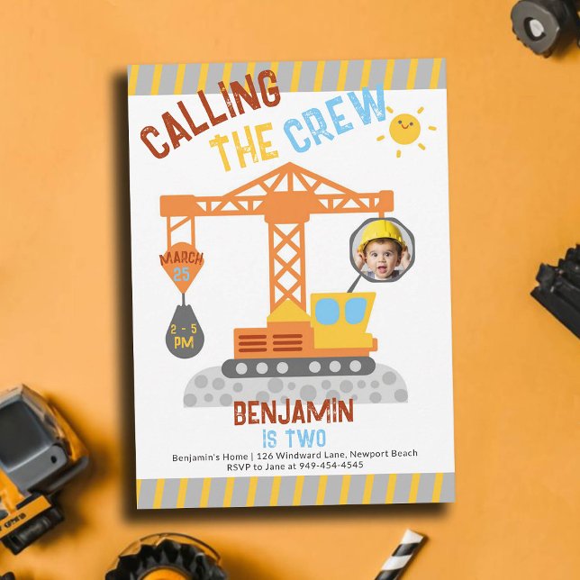 Invitation Construction Crane Crew Boy 2e Anniversaire Photo (photo construction birthday invitation 2 second boys crane vehicle crew theme personalized cute fun)