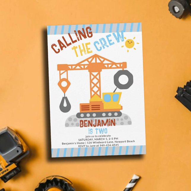 Invitation Construction Crane Crew Cute Boy 2e anniversaire (construction birthday party 2 second boys crane vehicle crew theme invitation template personalized)