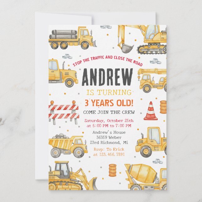 Invitation Construction de fête d'anniversaire moderne person (Devant)