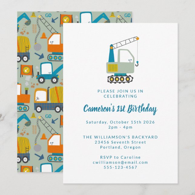 Invitation Construction Digger Trucks Bleu 1er anniversaire f (Devant / Derrière)