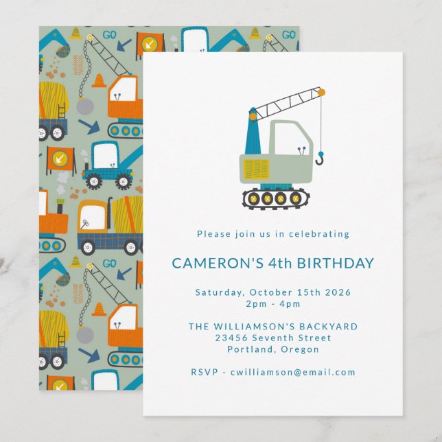 Invitation Construction Digger Trucks Blue 4th Birthday Party (Devant / Derrière)