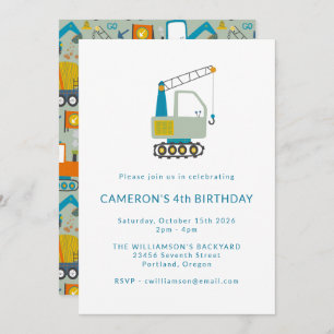 Invitation Construction Digger Trucks Blue 4th Birthday Party
