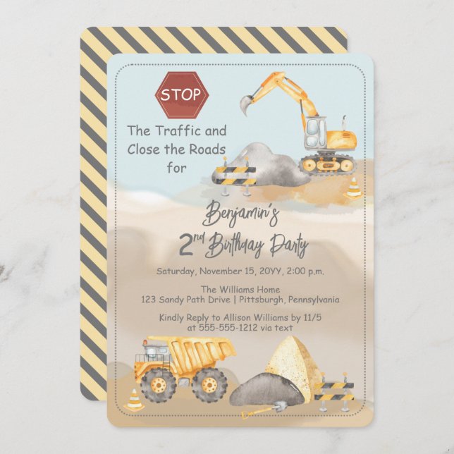Invitation Construction Dump Truck Boy fête le 2e anniversair (Devant / Derrière)