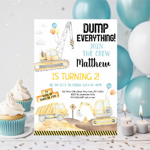 Invitation Construction Dump Truck Digger Second Birthday
