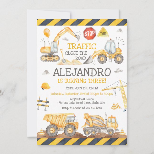 Invitation Construction Dump Truck Excavator Boy Birthday (Devant)