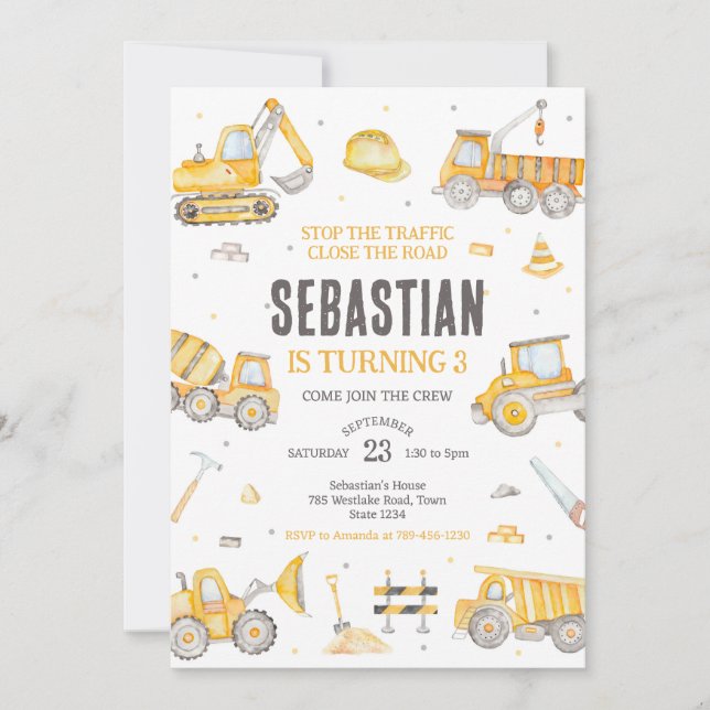 Invitation Construction Dump Truck Excavator Boy Birthday (Devant)