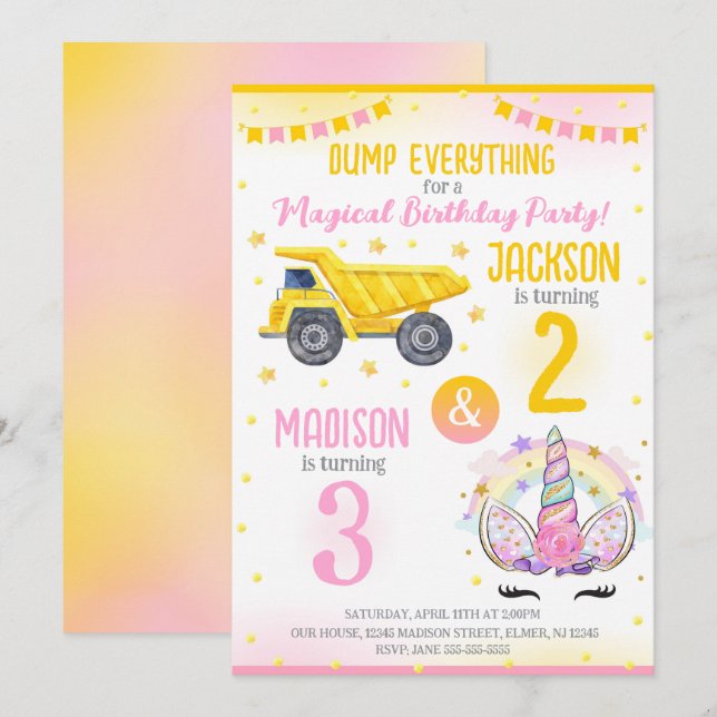 Invitation Construction et frères Licorne Célébration d'anniv (Devant / Derrière)