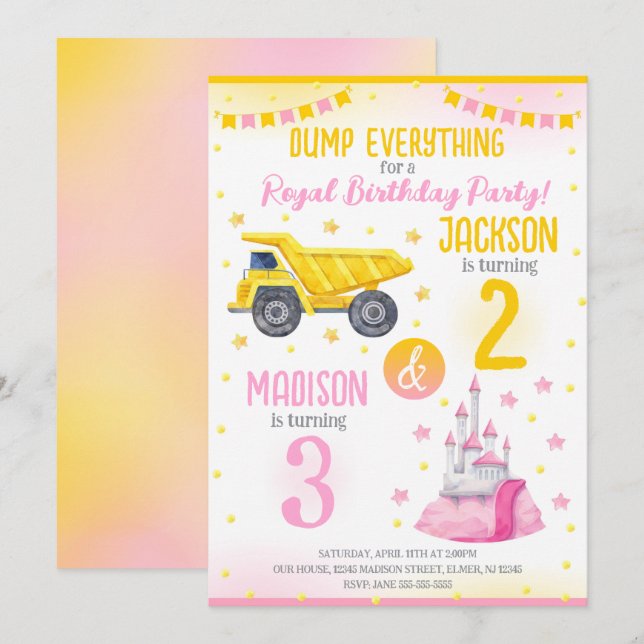 Invitation Construction et Princesse  Anniversaire Commun des (Devant / Derrière)