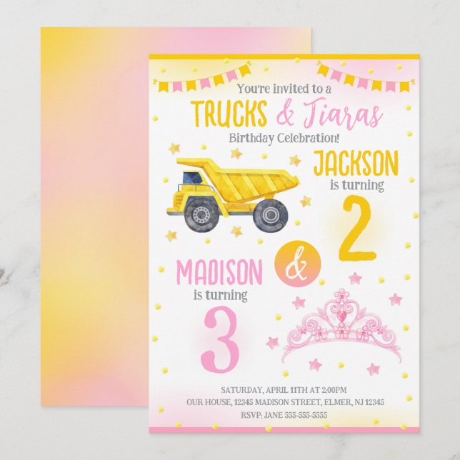 Invitation Construction et Princesse  Anniversaire commun des (Devant / Derrière)