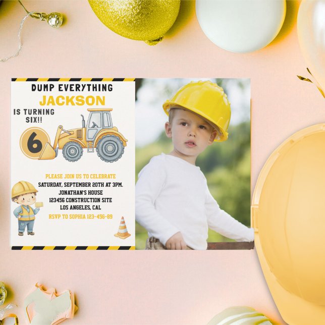 Invitation Construction Photo Birthday Turning 6 yellow (Créateur téléchargé)