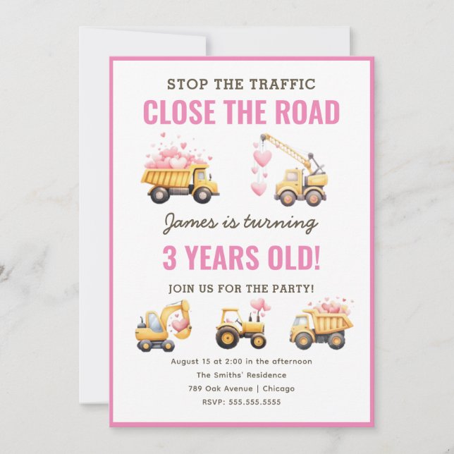 Invitation Construction Pink Truck Coeur Anniversaire Invitat (Devant)