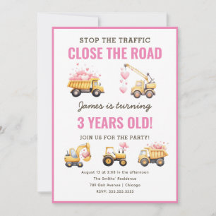 Invitation Construction Pink Truck Coeur Anniversaire Invitat