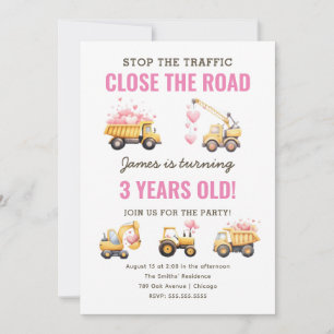 Invitation Construction Pink Truck Coeur Anniversaire Invitat