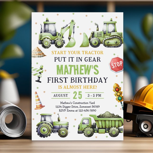 Invitation Construction Truck Digger Premier anniversaire (Créateur téléchargé)