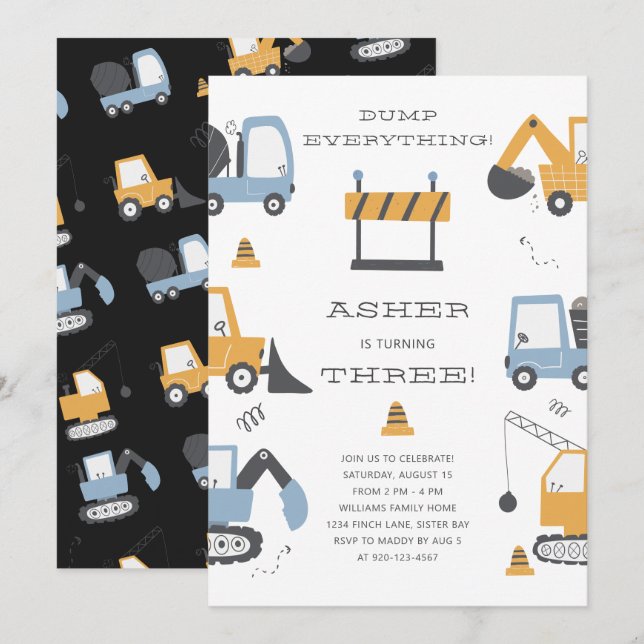 Invitation Construction Truck Dump Tout Anniversaire (Devant / Derrière)