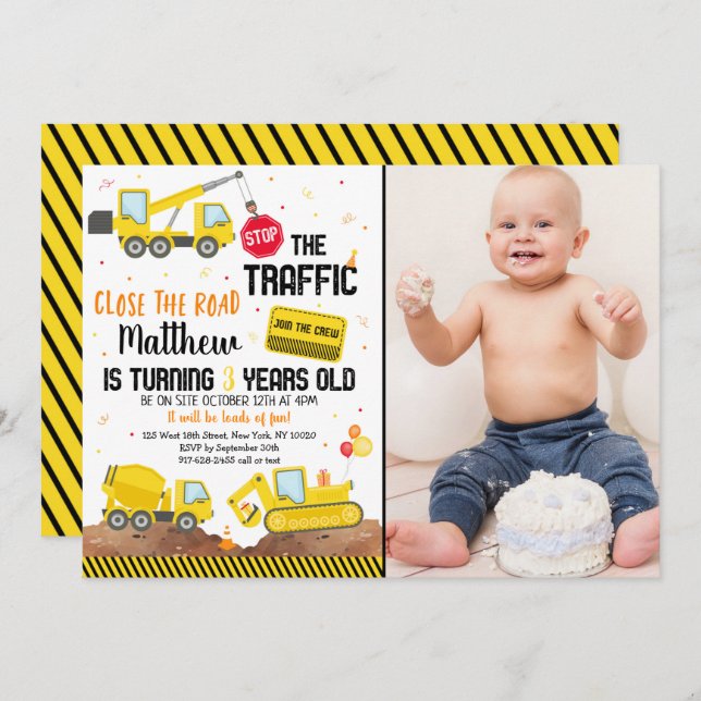 Invitation Construction Truck Dump Truck Digger Anniversaire (Devant / Derrière)