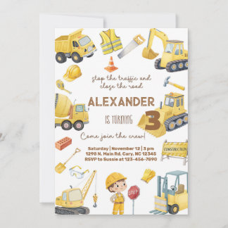 Invitation Construction trucks boy Any Age birthday invite.