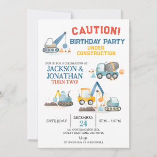 Invitation Construction Trucks, Twin Boys Birthday Party