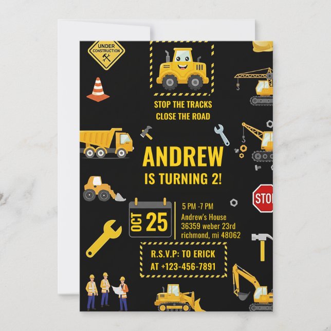 Invitation Construction Vehicles Birthday Party Digital (Devant)
