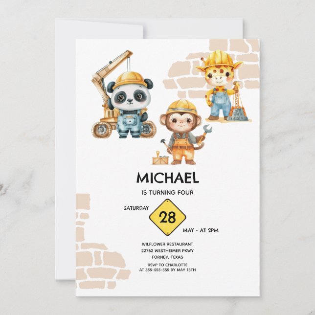 Invitation Constructions Animaux Aquarelle Toutes Années (Devant)