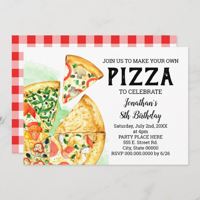 Invitation Construisez votre fête d'anniversaire de pizza bas (Devant / Derrière)
