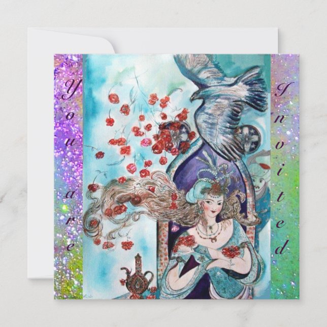 Invitation CONTE DE FÉE TURC ,rouge vif bleu violet étincelle (Devant)