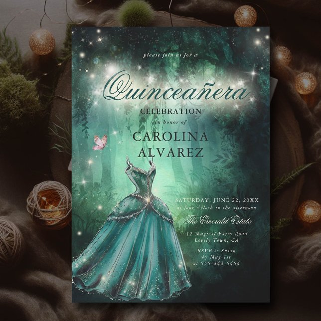 Invitation Conte de fées de forêt enchantée Princesse Quincea (enchanted forest quinceanera invitation fairy tale emerald princess dress butterfly sparkle glitter)