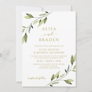 Invitation Conte de fées de mariage verdure or aquarelle vign