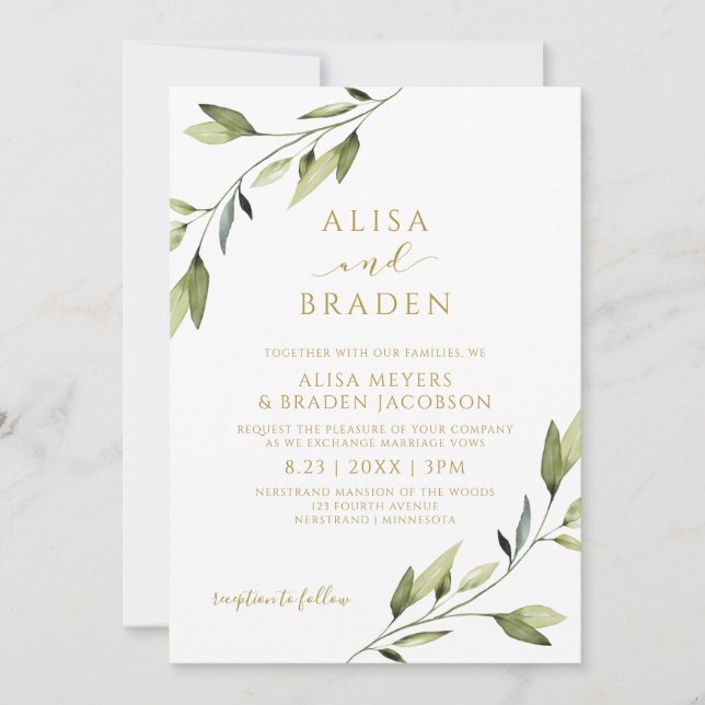 Invitation Conte de fées de mariage verdure or aquarelle vign (Devant)