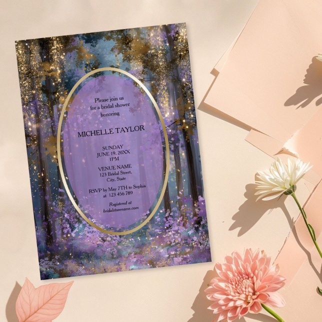 Invitation Conte de Fées Forêt Enchantée Élégant Floral Maria (purple and gold enchanted forest bridal shower invitation)